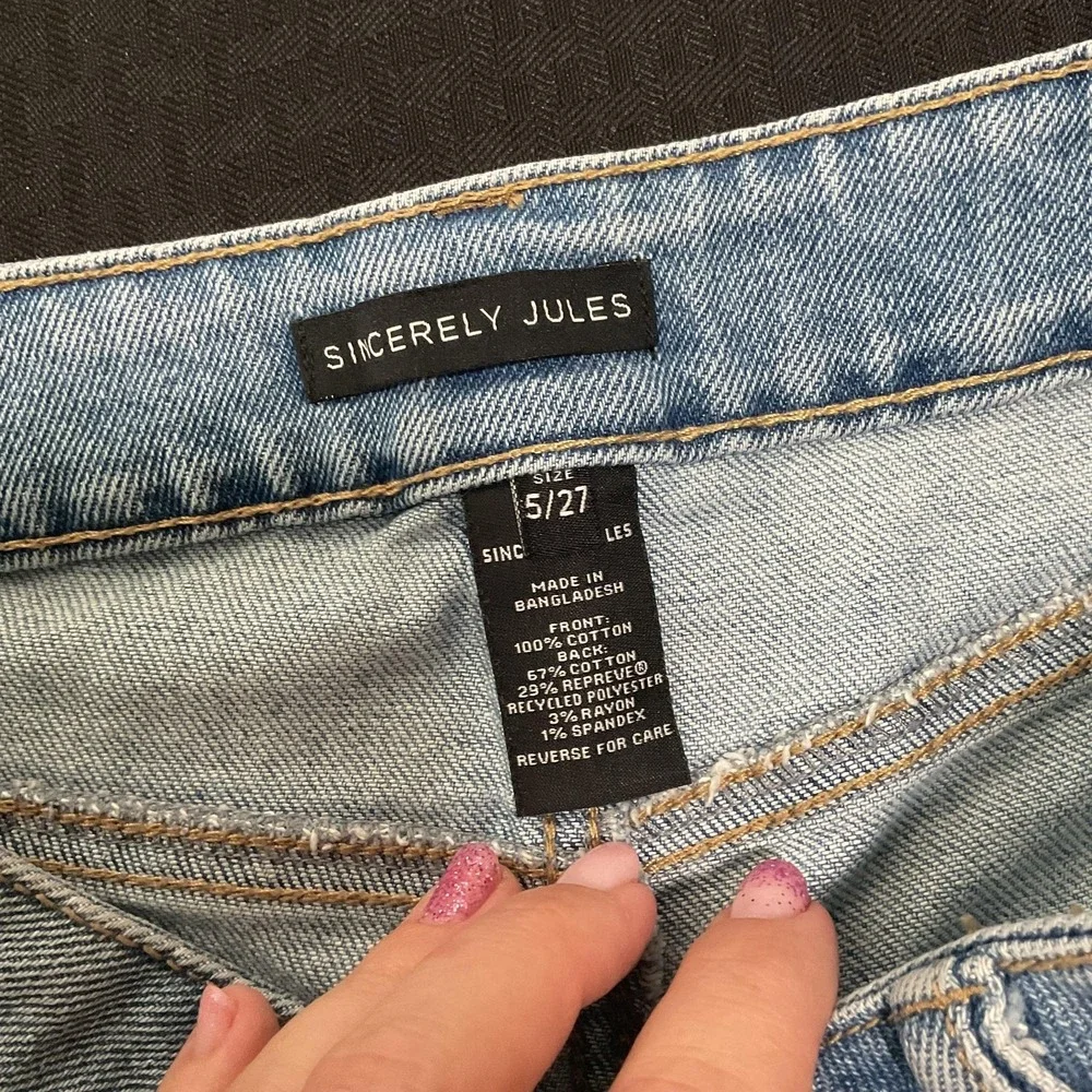 Sincerely Jules Shorts Womens 5/27 Blue Denim Button Fly High Rise Cutoff Hem